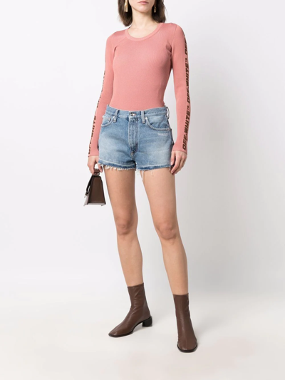Off-white Logo-print Frayed-edge Denim Shorts In Blue