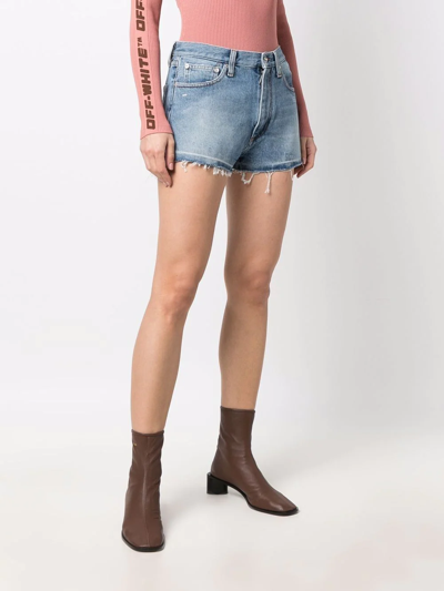 Off-white Logo-print Frayed-edge Denim Shorts In Blue