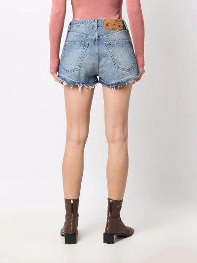 Shop Off-white Logo-print Frayed-edge Denim Shorts In Blue