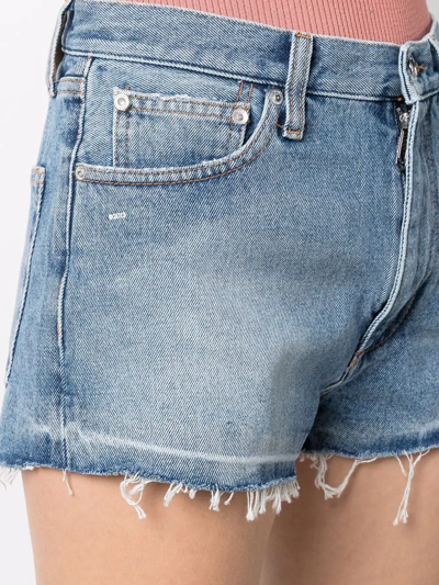 Shop Off-white Logo-print Frayed-edge Denim Shorts In Blue