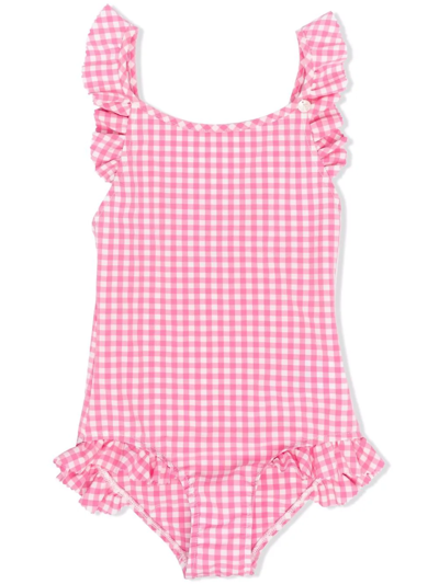 Shop Bonpoint Checker-print Swimsuit In Pink