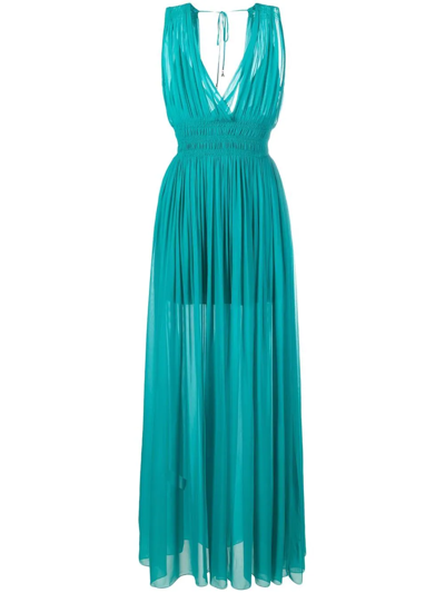 Shop Patrizia Pepe Pleated Plunging V-neck Long Dress In Green