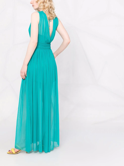 Shop Patrizia Pepe Pleated Plunging V-neck Long Dress In Green