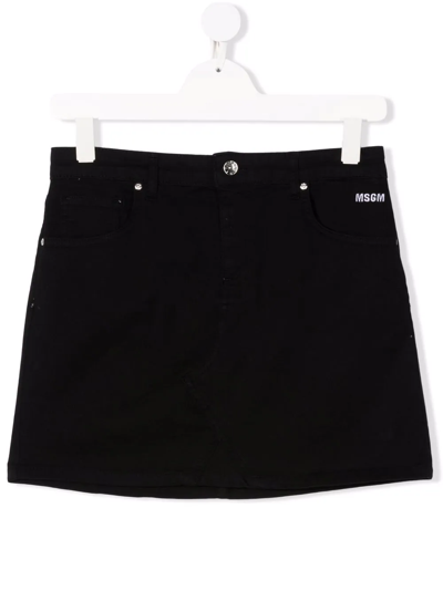 Shop Msgm Teen Embroidered-logo Denim Skirt In Black