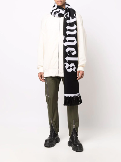 Shop Palm Angels Fringed Logo-knit Scarf In Black