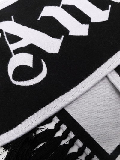 Shop Palm Angels Fringed Logo-knit Scarf In Black