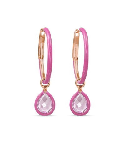 Shop Nina Runsdorf 18k Rose Gold Small Enamel Hoop Earrings With Topaz Flip Charms In Webster Pink And Rose Gold