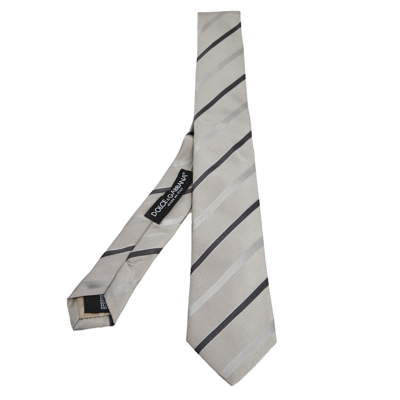 Pre-owned Dolce & Gabbana Beige Striped Jacquard Silk Skinny Tie