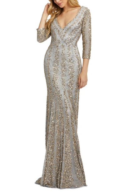 Shop Mac Duggal Sequin Tulle Gown With Train In Nude Platinum