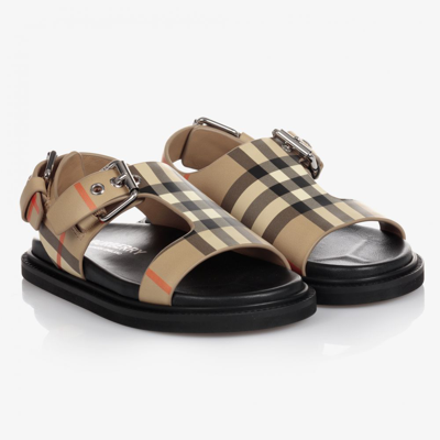 Shop Burberry Beige Check Leather Sandals