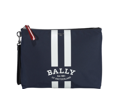 Shop Bally Logo Printed Stripe Detailed Clutch Bag In Blue