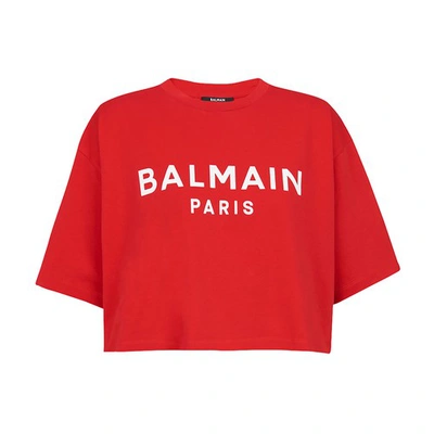 Shop Balmain Cropped Cotton T-shirt In Mbd Rouge Blanc