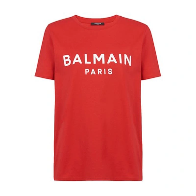 Shop Balmain Cotton T-shirt With Print In Mbd Rouge Blanc