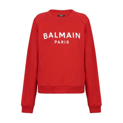 Shop Balmain Cotton Sweatshirt With Print In Mbd Rouge Blanc