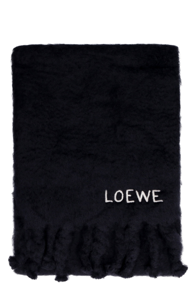 Shop Loewe Logo Embroidered Fringed Scarf In Black