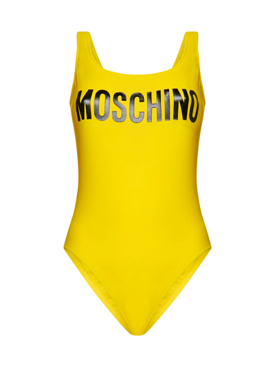 Shop Moschino Logo Printed Swimsuit In Yellow