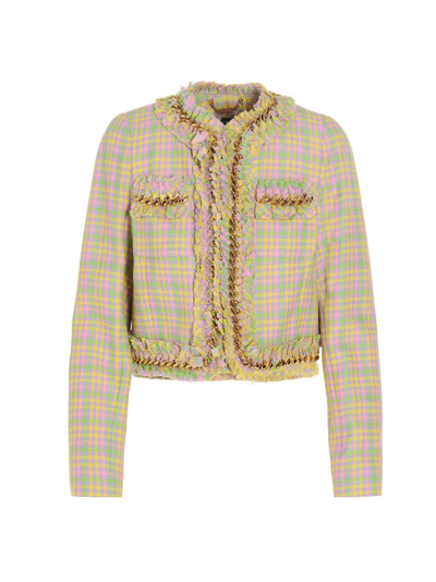 Shop Versace Ruffled Chain Link Tweed Jacket In Multi