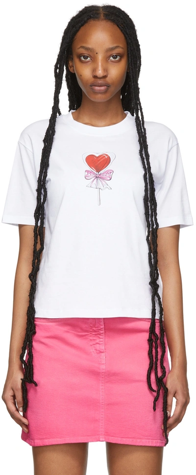 Shop Msgm White Heart Lollipop T-shirt In 01 Optical White
