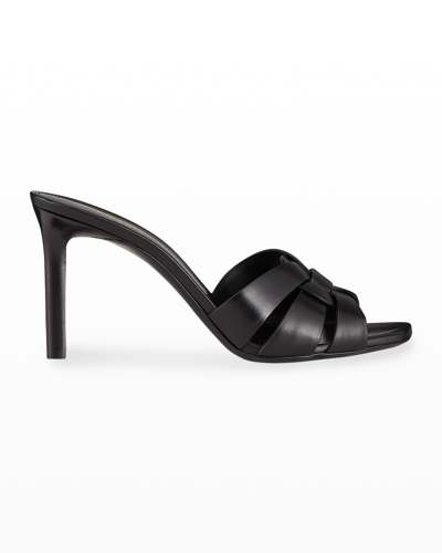 Shop Saint Laurent Tribute Woven Calfskin Stiletto Sandals In Black