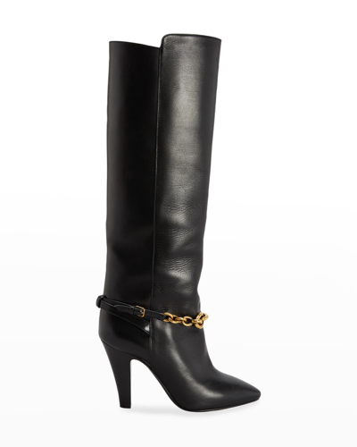 Shop Saint Laurent Koller Calfskin Chain Knee Boots In Black