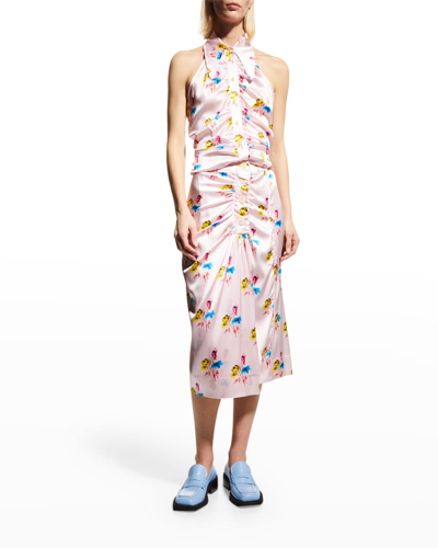 Shop Ganni Silk Stretch Satin Midi Skirt In Floral Light Lila