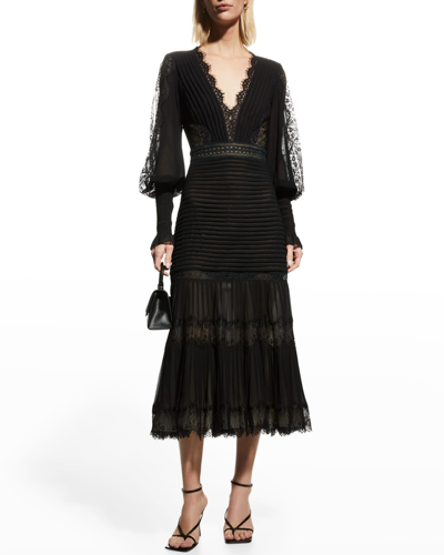 Shop Tadashi Shoji Pleated Chiffon & Lace Bishop-sleeve Dress In Blacknude