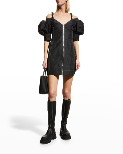 Shop Ganni Taffeta Puff-shoulder Mini Dress In Black