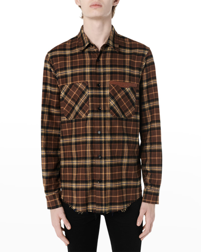 Shop Amiri Men's Leather-trim Flannel Sport Shirt In Brown