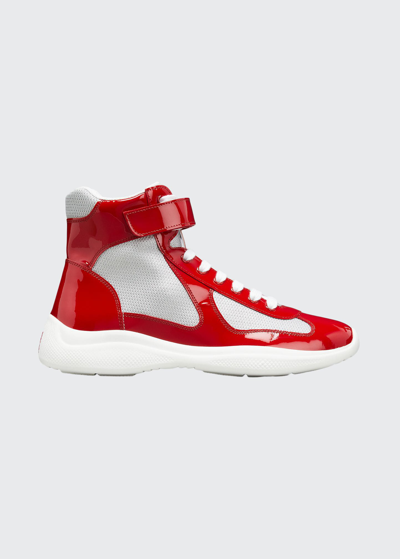 Shop Prada Men's America's Cup Patent Leather High-top Sneakers In Rosso Argento