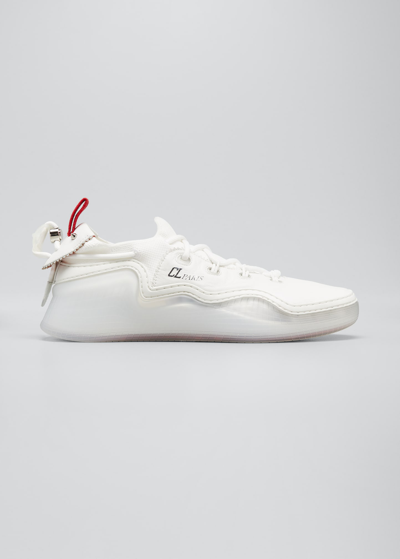 Shop Christian Louboutin Men's Arpoador Mesh Drawstring Clear-sole Trainer Sneakers In Bianco