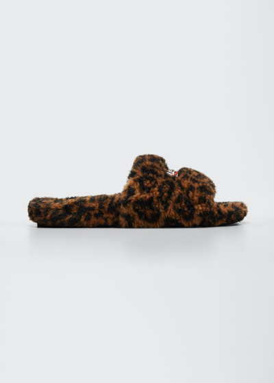 Shop Balenciaga Men's Furry Logo Slide Sandals In Leopard