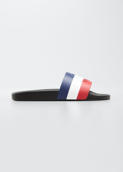 Shop Moncler Men's Basile Embossed Logo Stripe Slide Shoes In Charcoal