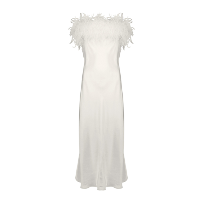 Shop Sleeper Boheme White Feather-trimmed Satin Midi Dress