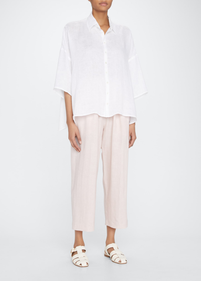 Shop Eskandar Wide A-line Collared Linen Shirt (mid Length) In White