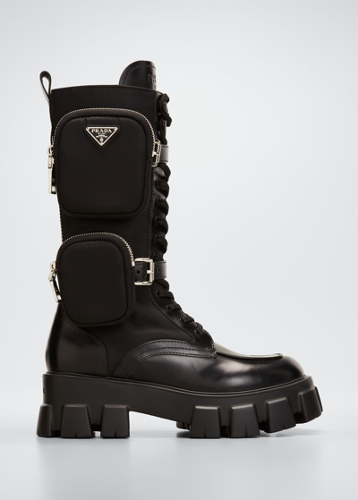 Shop Prada Monolith Dual-pouch Tall Combat Boots In Nero