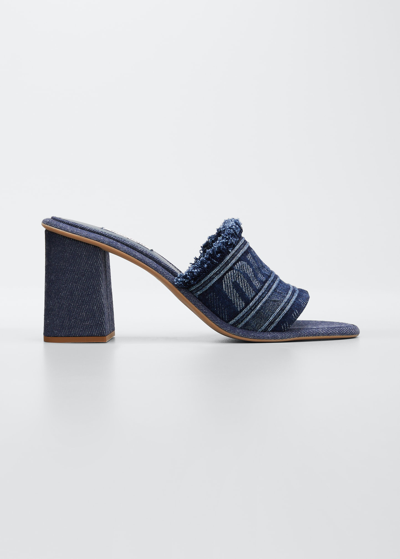 Shop Miu Miu Frayed Denim Logo Mule Sandals In Bleu