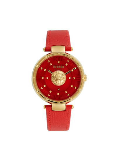Shop Versus 38mm Goldtone Ip Stainless Steel Studded Leather Strap Watch In Red