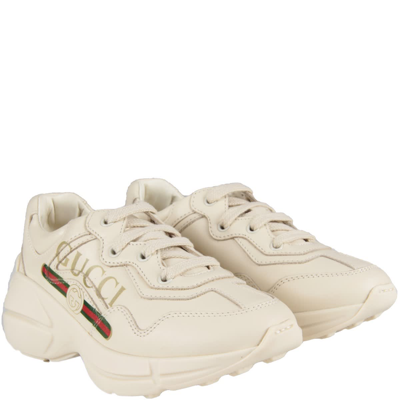 Shop Gucci Ivory Chuncky Sneaker With Logo For Kid In White