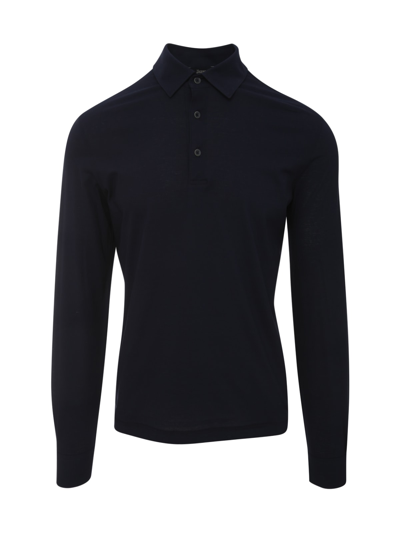 Shop Herno Long Sleeved Polo Jersey Crepe In Navy Blue