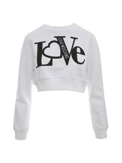 Shop Love Moschino Round Neck Love Printed Cropped Sweater In Optical White
