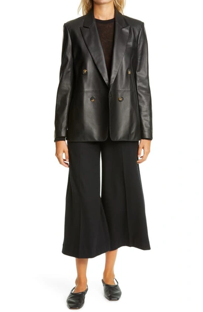 Shop Vince Double Breasted Leather Blazer In Black