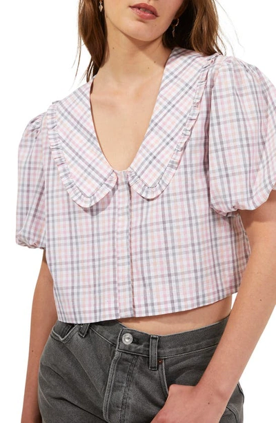 Shop French Connection Yaki Check Crop Organic Cotton Blouse In Soft Pink Check