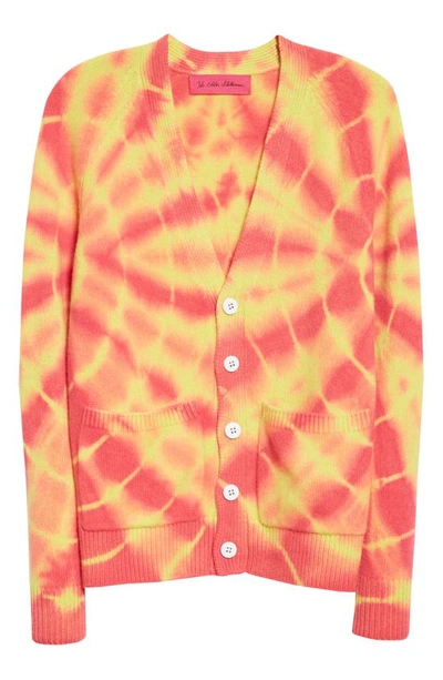 Shop The Elder Statesman Web Flare Tie Dye Cashmere Cardigan In Limon W/ Electric Pink