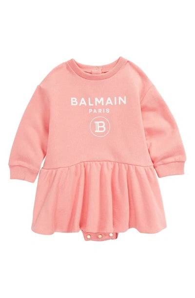 Shop Balmain Logo Graphic Sweatshirt Dress In 533 Pink