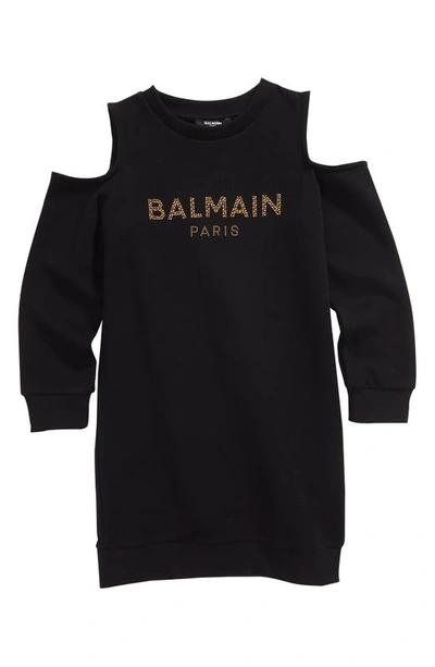 Shop Balmain Kids' Studded Logo Cold Shoulder Sweatshirt Dress In 930 Black