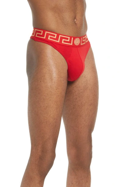 Shop Versace First Line Logo Stretch Cotton Thong In A9x2 Red Gold
