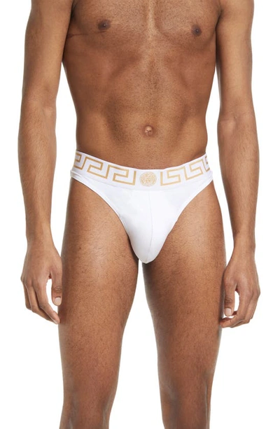 Shop Versace First Line Logo Stretch Cotton Thong In White/ Gold