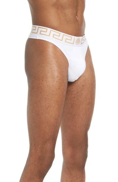 Shop Versace First Line Logo Stretch Cotton Thong In White/ Gold