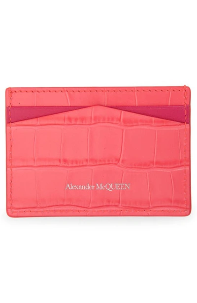 Shop Alexander Mcqueen Skull Croc Embossed Leather Card Case In Neon Pink
