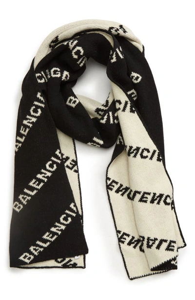 Shop Balenciaga Logo Wool Scarf In Black/ White